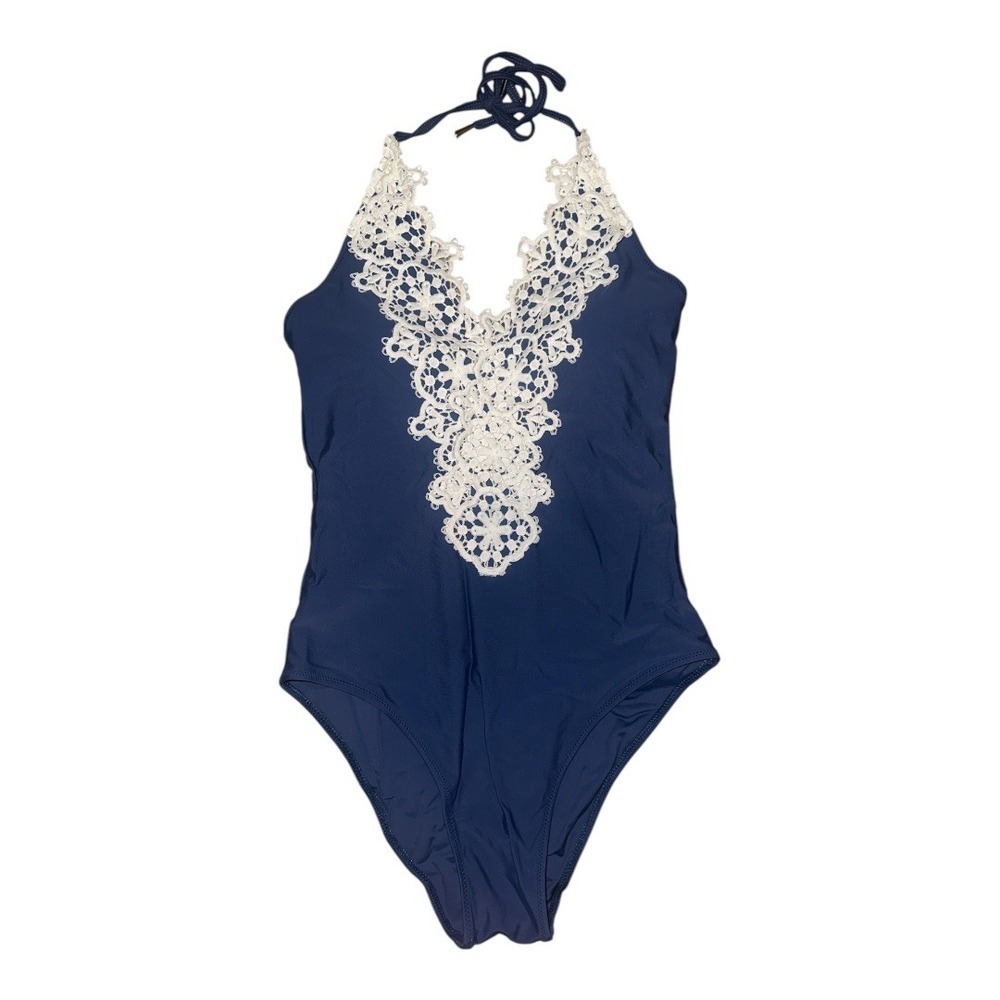 Blooming Jelly Blue Plunging Lace One Piece Swimsuit, Small